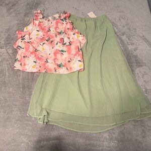 “a new day” Pink Floral Top and Green Skirt Set